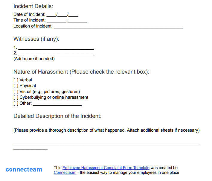 Employee Harassment Complaint Form Template - Free PDF Download