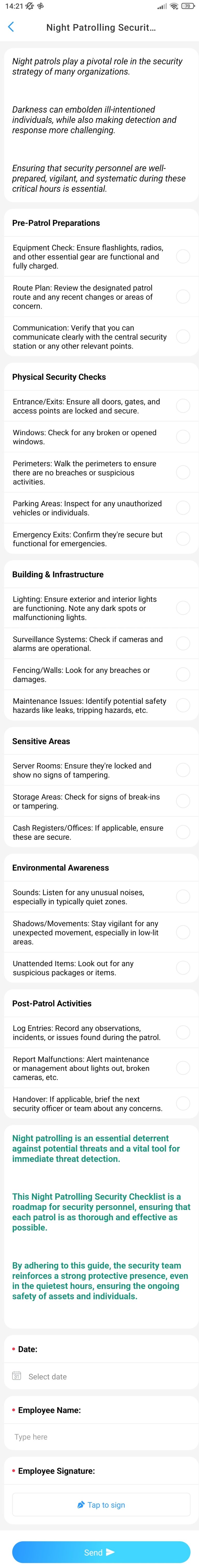 Night Patrolling Security Checklist Template