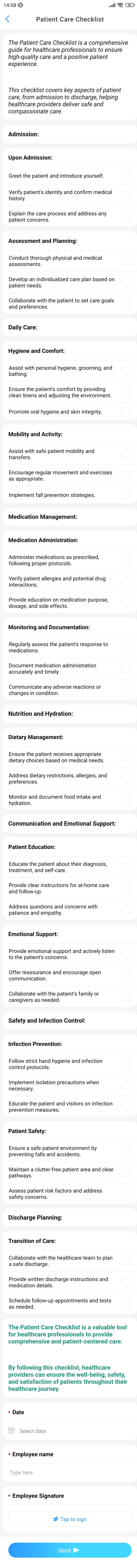 Patient Care Checklist