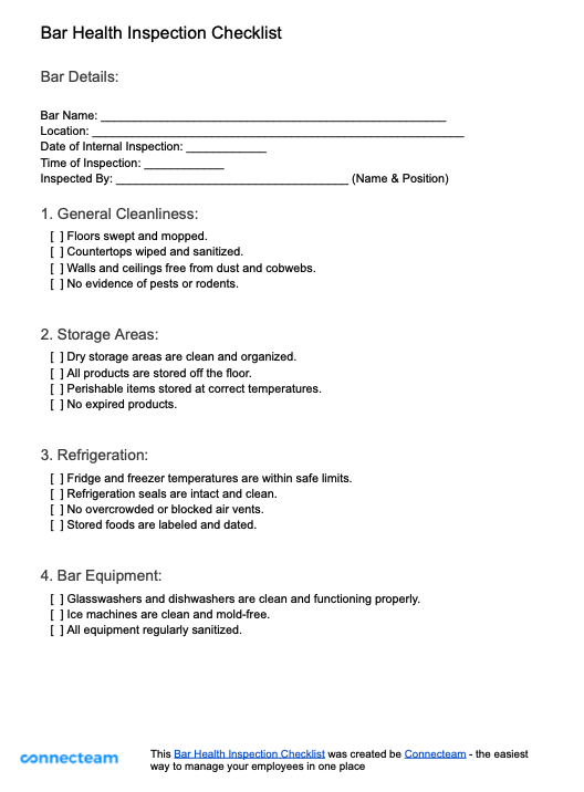 Health Inspection Checklist For Restaurants