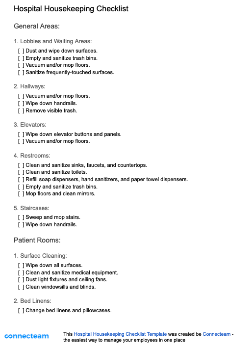 Hospital Housekeeping Cleaning Checklist Infoupdate