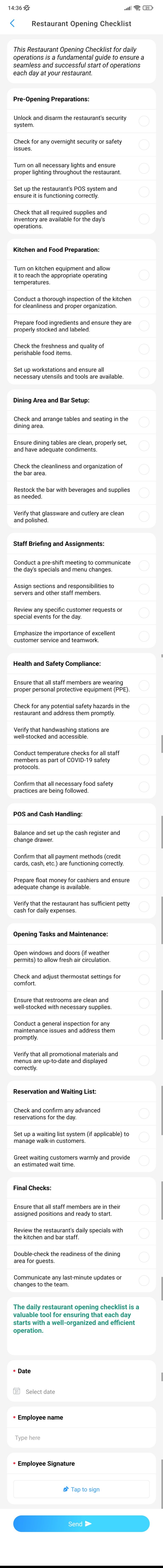 Restaurant Opening Checklist screenshot