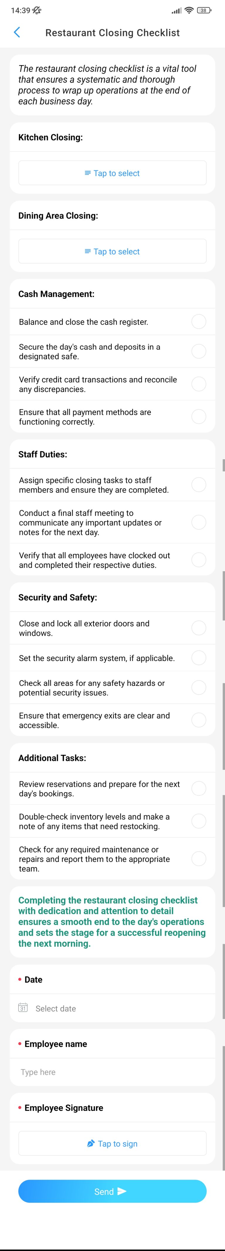 Restaurant Closing Checklist screenshot