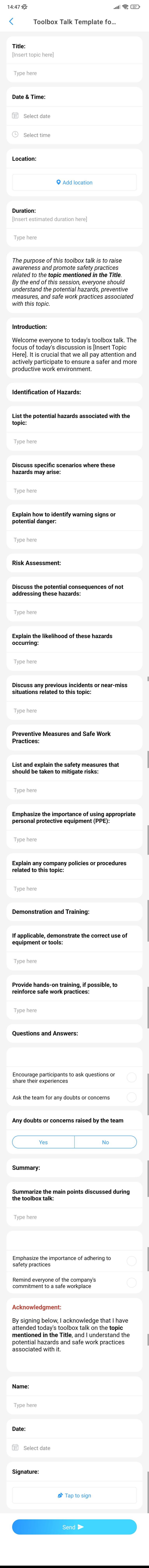 Toolbox Talk Template for Ensuring Workplace Safety screenshot