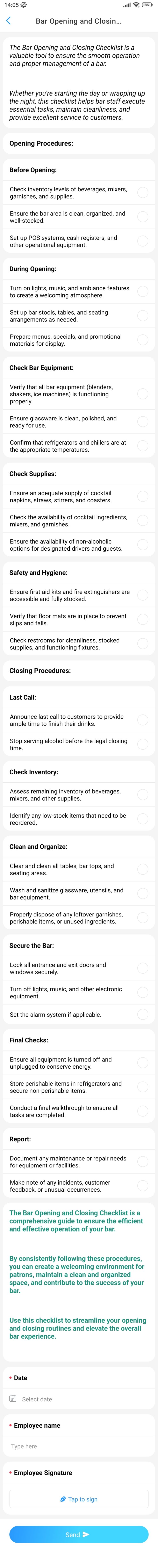 Bar opening and closing checklist