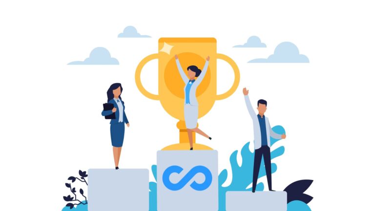 An illustration of employees on a podium with the Connecteam logo in first place