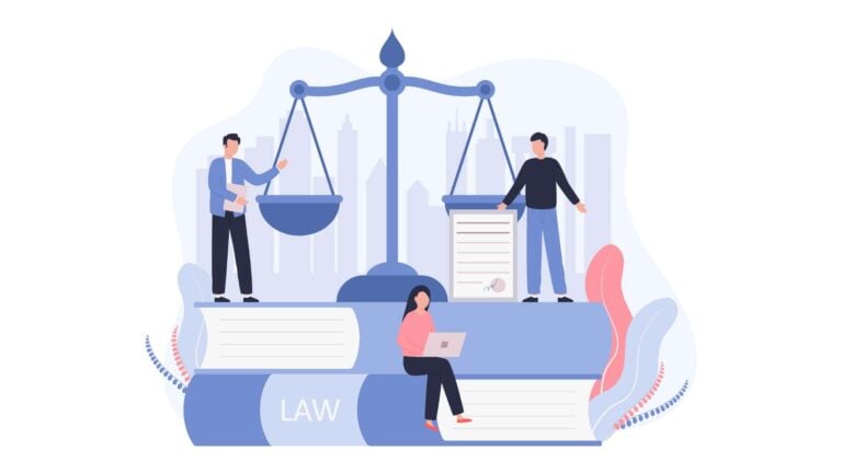 An illustration of employees with law books and a scale to illustrate the concept of federal employment laws.