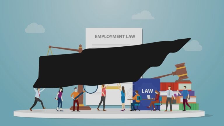 An outline of the state of Tennessee over an illustration representing labor law