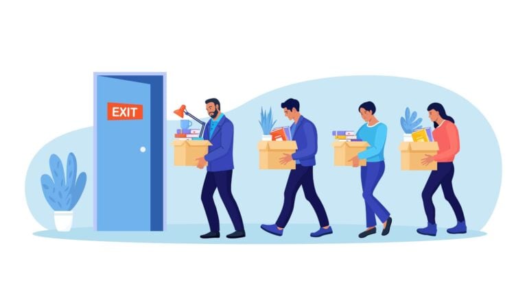 An illustration of employees leaving the office with boxes full of their things