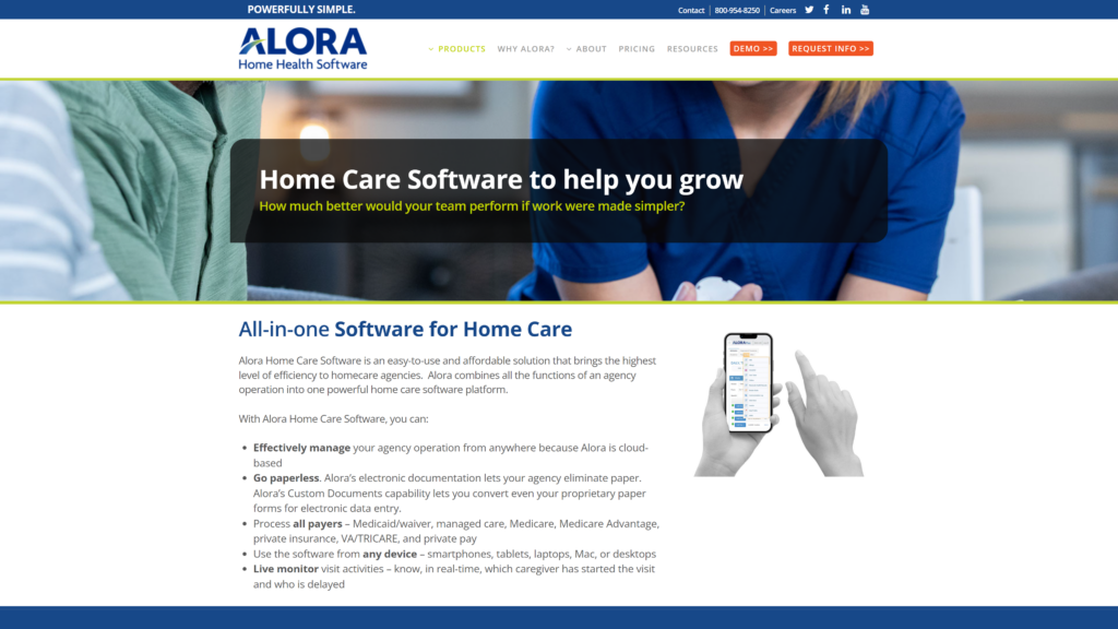 A screenshot of the Alora Home Health website, showing a female nurse checking an aged male and text describing Alora’s features.