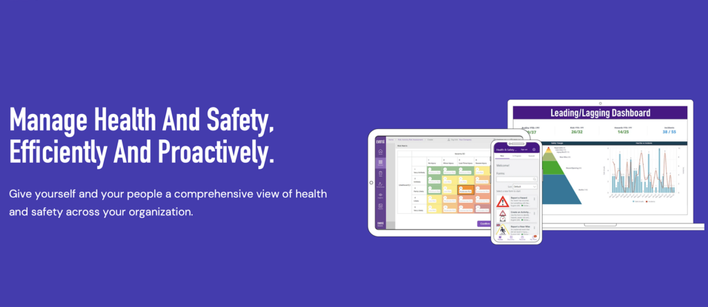 A purple background with the text “Manage Health And Safety, Efficiently And Proactively. Give yourself and your people a comprehensive view of health and safety across your organization.” Screenshots of the Assure app are superimposed on drawings of a laptop, tablet, and phone.