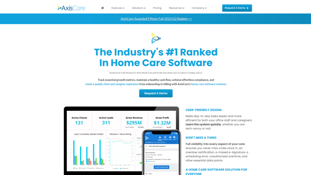 A screenshot of the AxisCare homepage, with a dashboard view and text description of features.