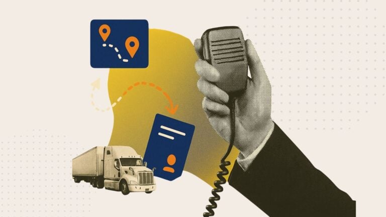 An illustration showing a hand holding a CB radio and a truck