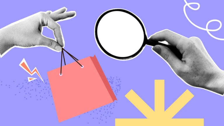 A collage of hands holding a shopping bag and a magnifying glass