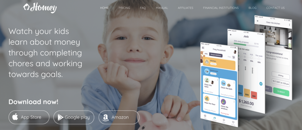 Homepage of the Homey app website. Images include a little boy and 3 screenshots from within the app. Text on the page says, “Watch your kids learn about money through completing chores and working through goals.”