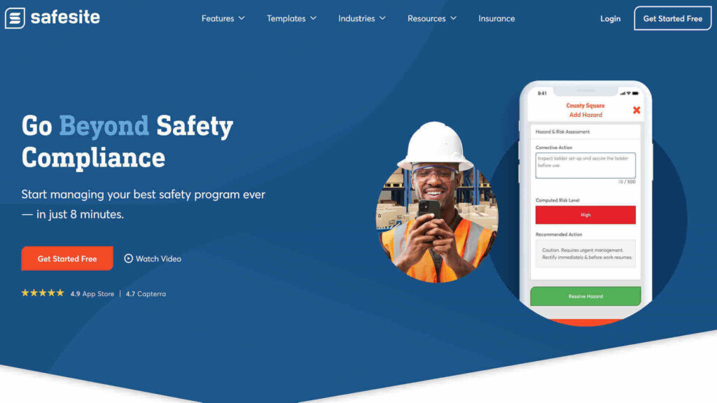 Safesite homepage with banner “Go beyond safety” and an image of the Safesite app.
