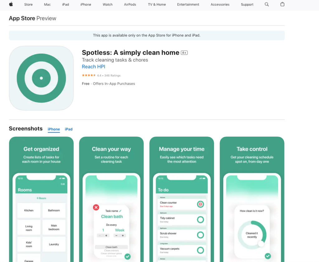 Spotless download page on the Apple App Store. Images include the green Spotless logo with 4 product screenshots below it. The screenshots show 4 product features: task organization, recurring tasks/routines, task tracking, and task updates.