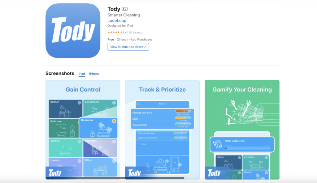 Image of Tody app download page on the Apple App Store, including the app’s logo at the top along with 3 app screenshots below. App screenshots show Tody’s functionalities, including the ability to categorize tasks by room, track progress, and “gamify your cleaning.”