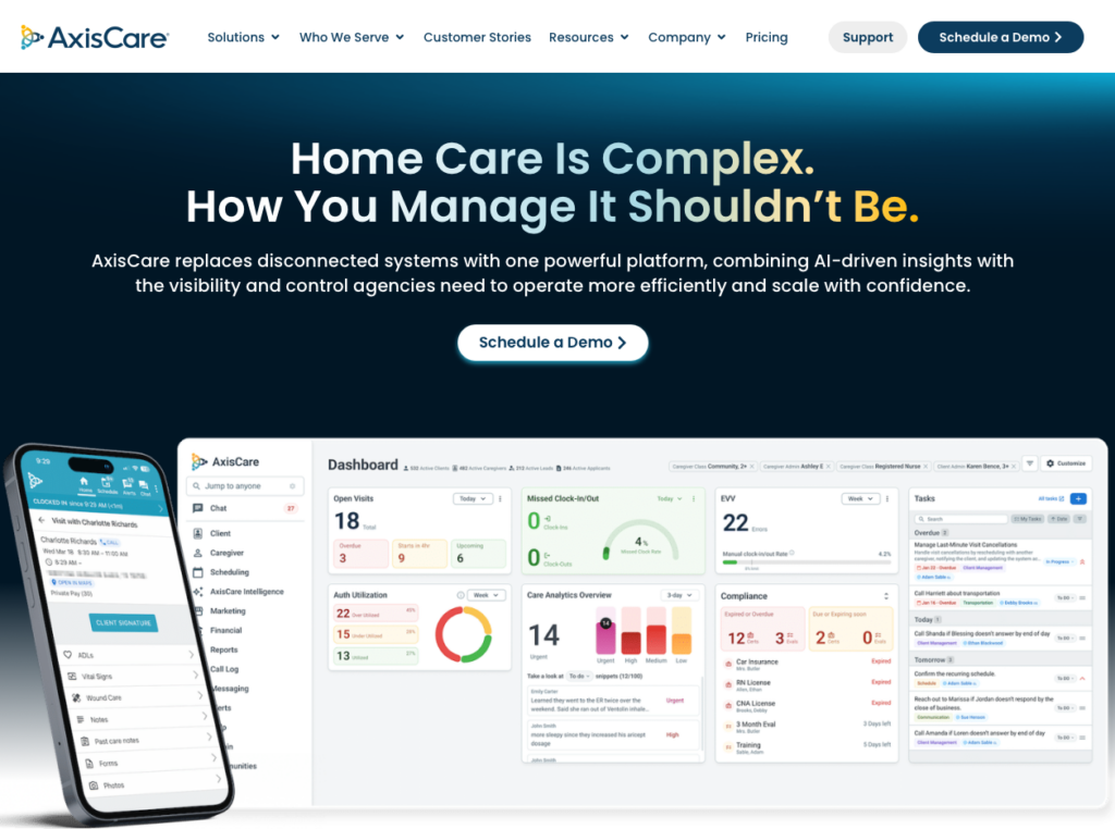 A screenshot of the AxisCare homepage, with a dashboard view and text description of features.