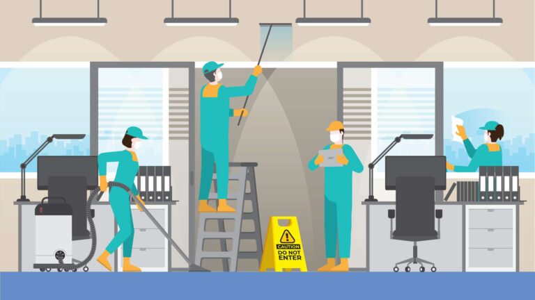 An illustration of commercial cleaners cleaning an office