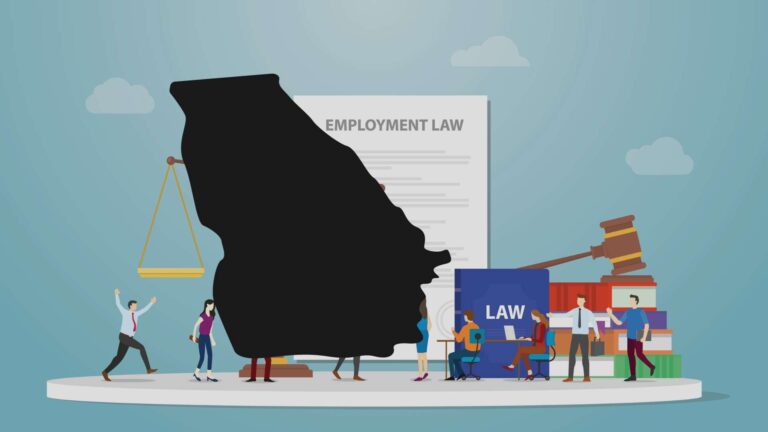 A state outline of Georgia over an illustration of state labor law concepts