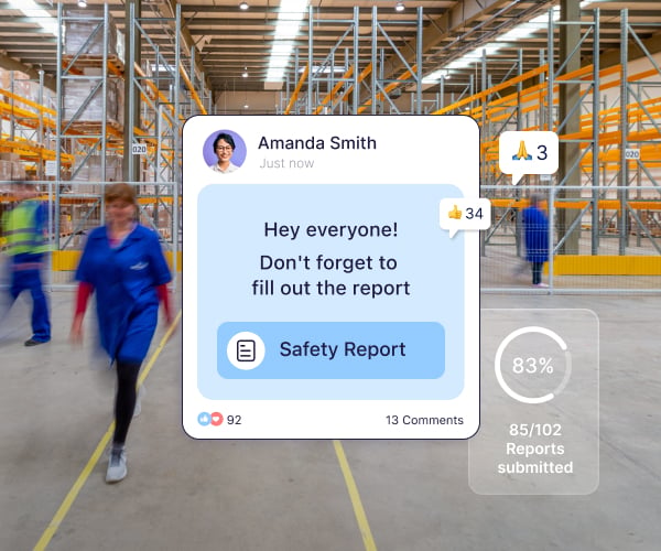 Factory employees in the background of a screen from the Connecteam app showing a reminder for all employees to fill out a safety report