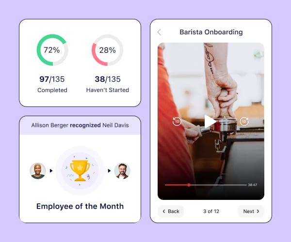 Screen from the Connecteam app showing the numbers of employees who completed a task, a recognition for employee of the month, and a video for training baristas