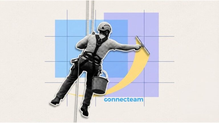 Illustration showing a high-rise window cleaner hanging over the Connecteam logo