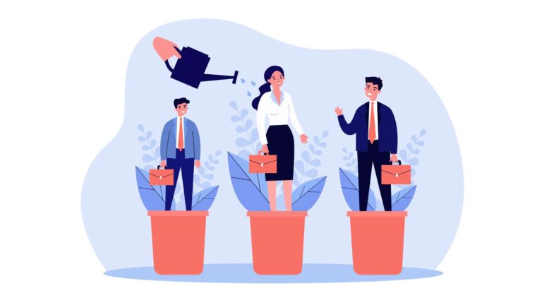 An illustration of employees being grown and watered like plants to symbolize employee training