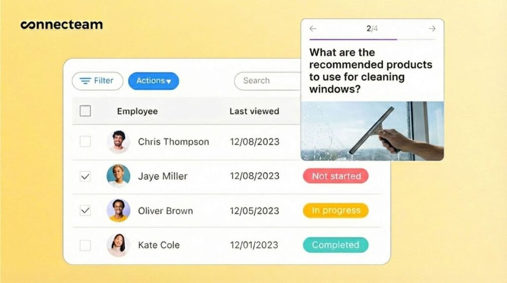 Illustration of a Connecteam app screen showing employee training progress.