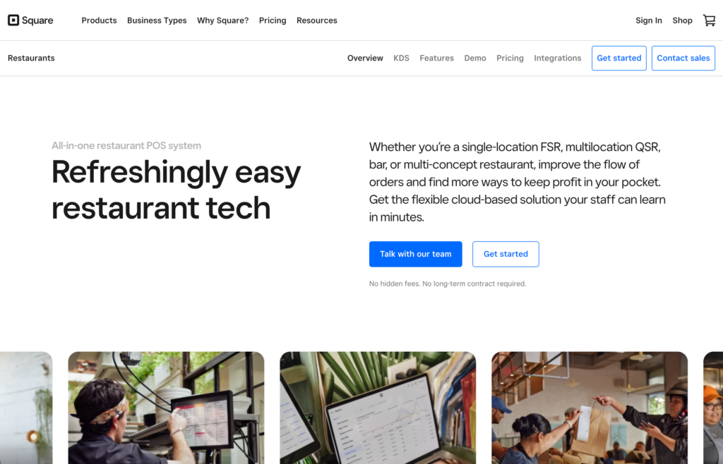 Screenshot of the Square for Restaurants webpage