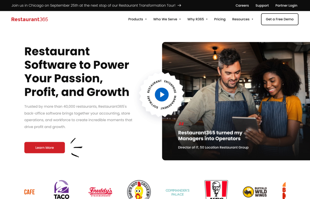 Screenshot of the Restaurant365 webpage