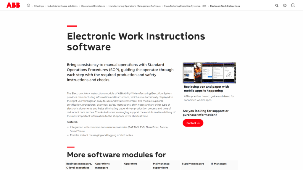 A screenshot of an ABB Electronic Work Instructions webpage describing the software’s features and benefits.