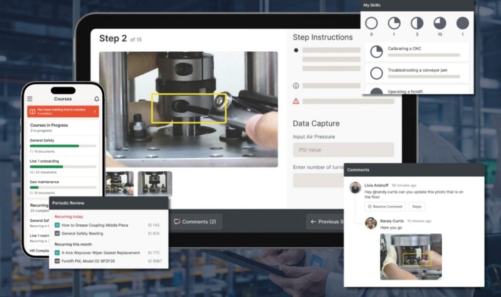 Graphic showing multiple images of the Dozuki platform, including step-by-step instructions, a training course, and comments on a task.