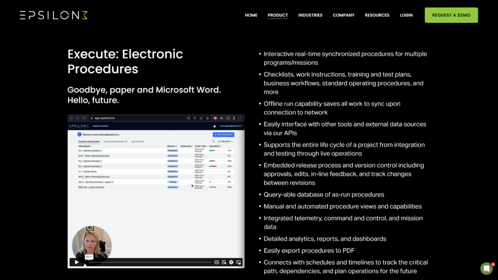 The text “Goodbye, paper and Microsoft Word. Hello, future” sits above a screenshot of the Epsilon3 application, which displays procedures and a video preview of a female spokesperson. On the right, bullet points highlight product features, including real-time synchronization and offline capabilities.