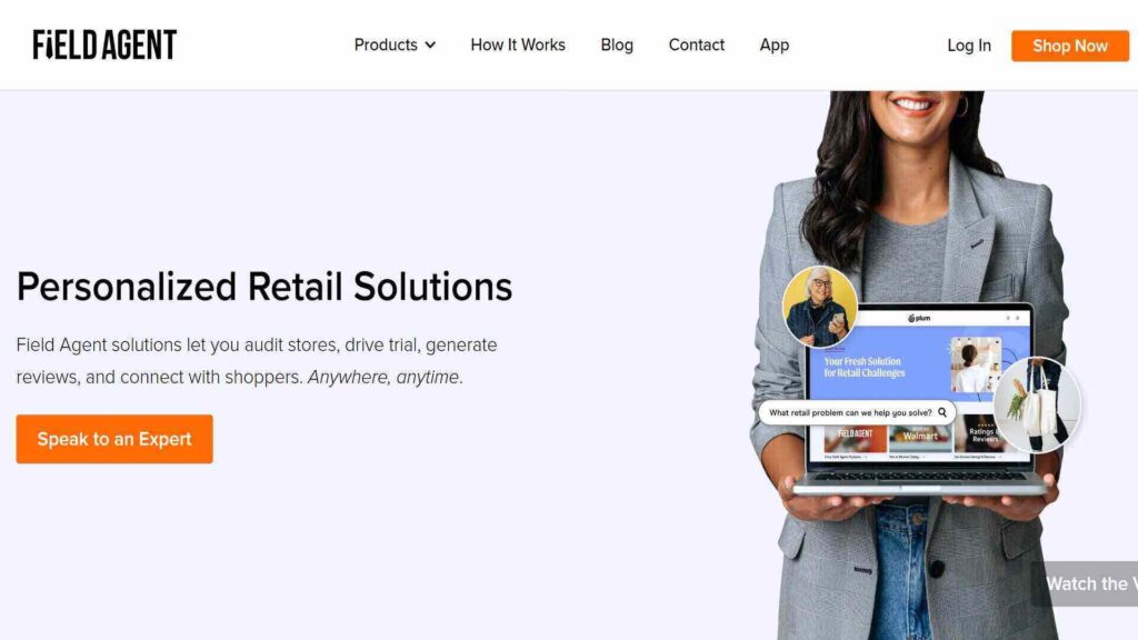 Field Agent homepage with the text “Personalized retail solutions” next to a woman holding a laptop.