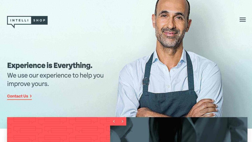 IntelliShop homepage with the text “Experience is everything” next to a photo of a man wearing an apron.