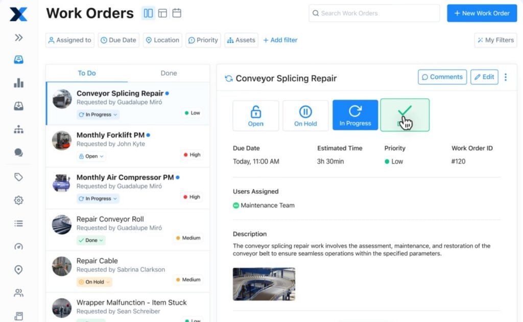 The maintenance request dashboard in MaintainX showing a request with instructions on what the task involves and a relevant photo.