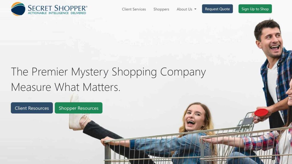 Secret Shopper homepage with text “The premier mystery shopping company” next to an image of a child riding in a shopping cart.