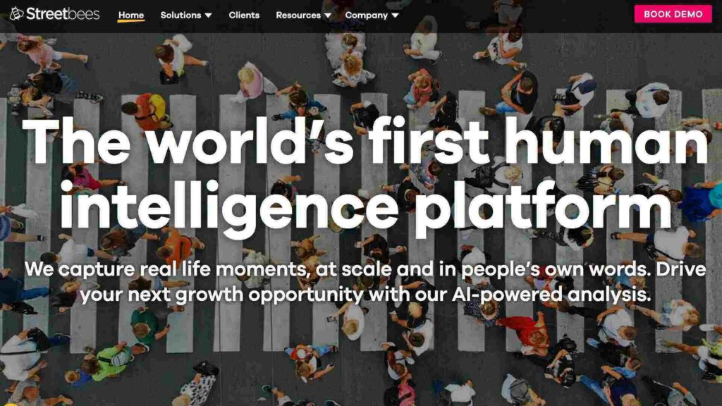 Streetbees homepage with the text “The world’s first human intelligence platform” over an image of people on a crosswalk.