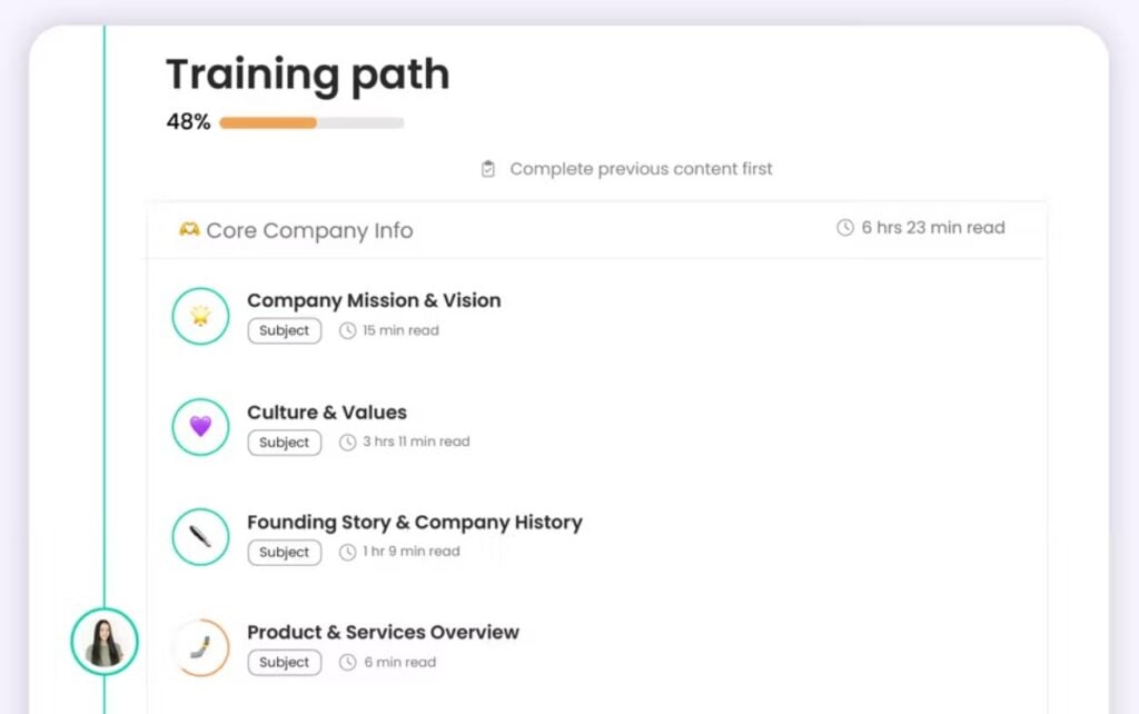 A training path in Trainual showing content that a new hire needs to read, including a guide called “Company Mission & Vision”