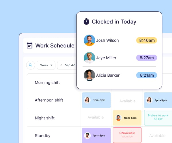 Screens from the Connecteam app showing a list of employees who clocked in today and a larger work schedule