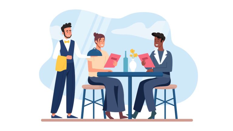 An illustration of patrons and a waiter in a restaurant