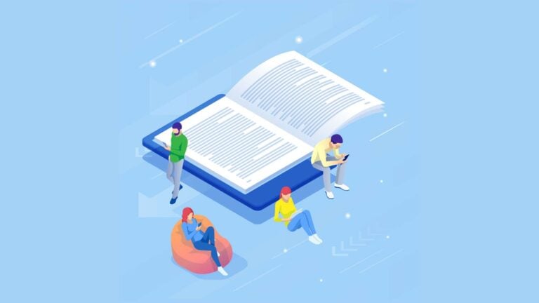 An illustration of employees sitting near a book