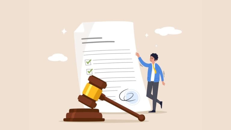 An illustration of an employee with an employment contract and a gavel