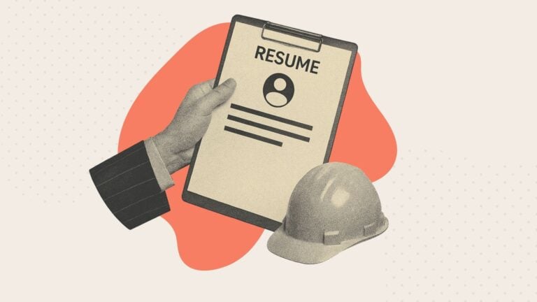 A collage of a hand holding a clipboard with a resume next to a construction hard hat