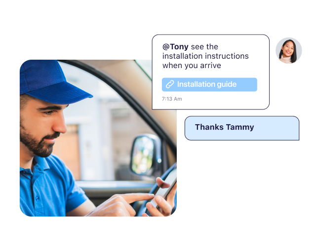 A driver typing on his phone and an illustration showing the chat messages