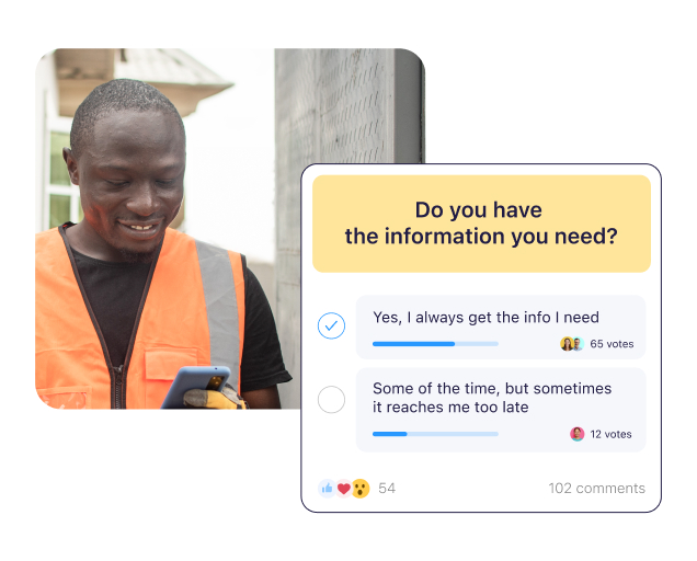 A man looking at his phone and a survey illustration form the Connecteam app