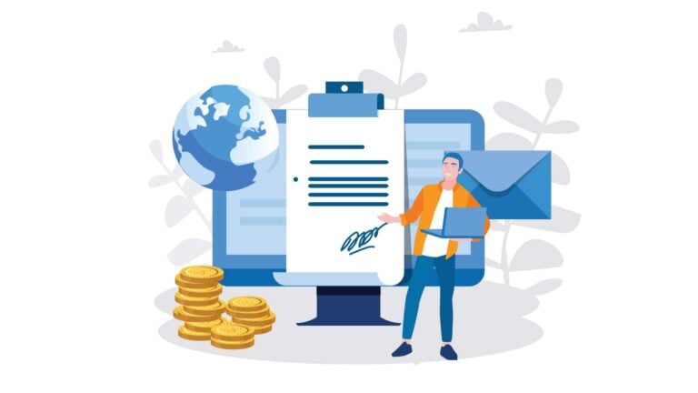 An illustration of a business owner with a payment request and coins