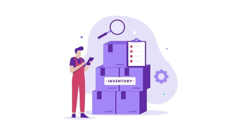 An illustration of a worker taking inventory using inventory software